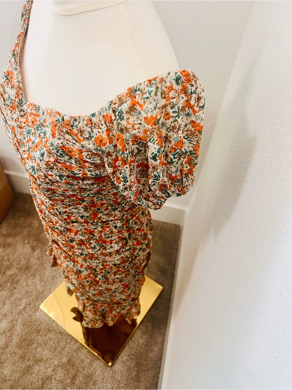 Astr Orange Floral Ruched Puff-Sleeve Mini Dress Cottagecore M - Picture 6 of 10